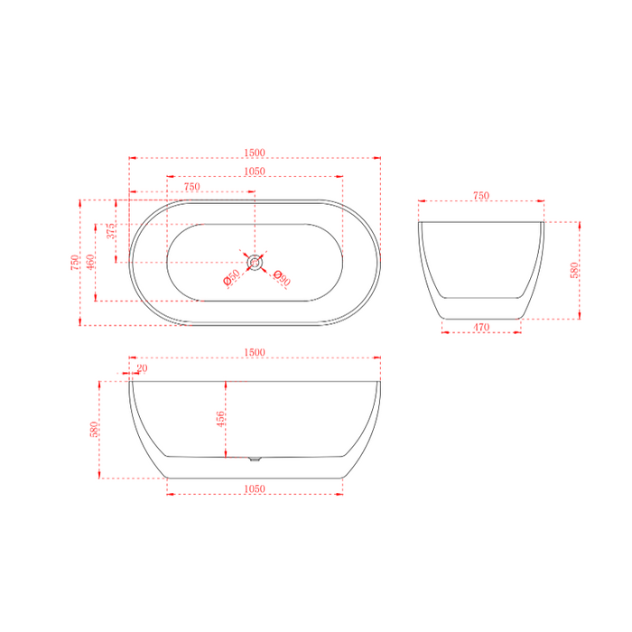 Catania Oval Egg 1500mm Matte White Designer Freestanding Bath Tub