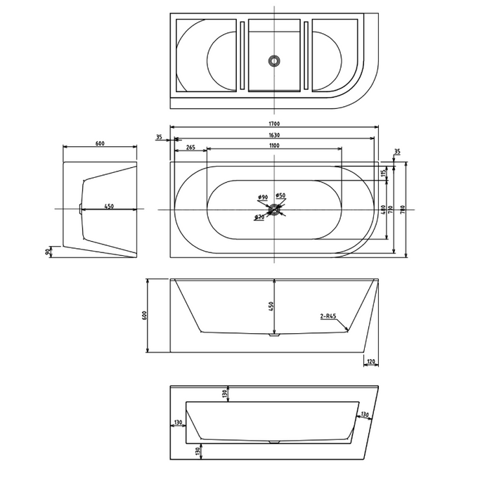 Cascade 1700 Left Corner Fit Freestanding Bath Tub