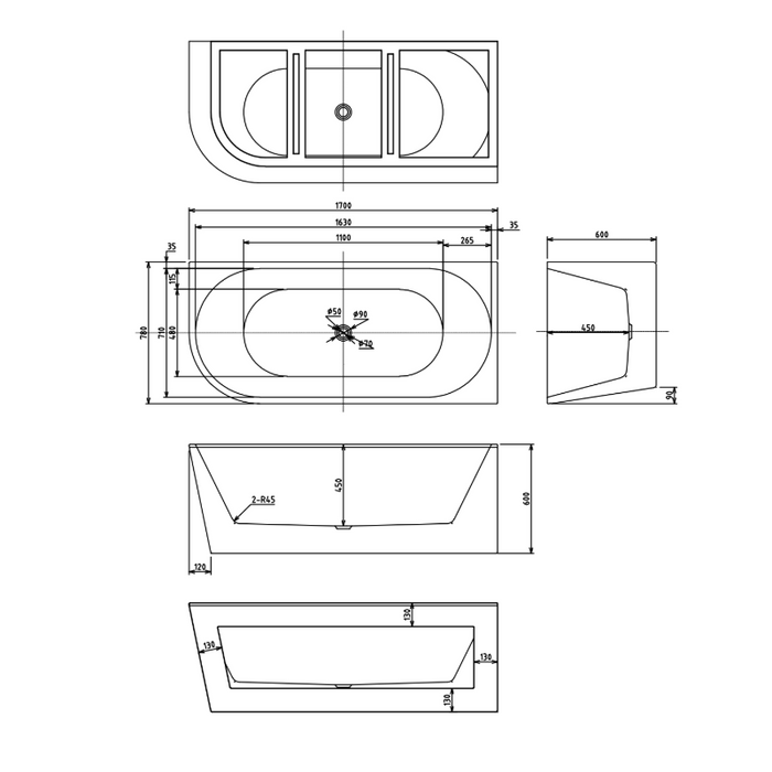 Cascade 1700 Right Corner Fit Freestanding Bath Tub