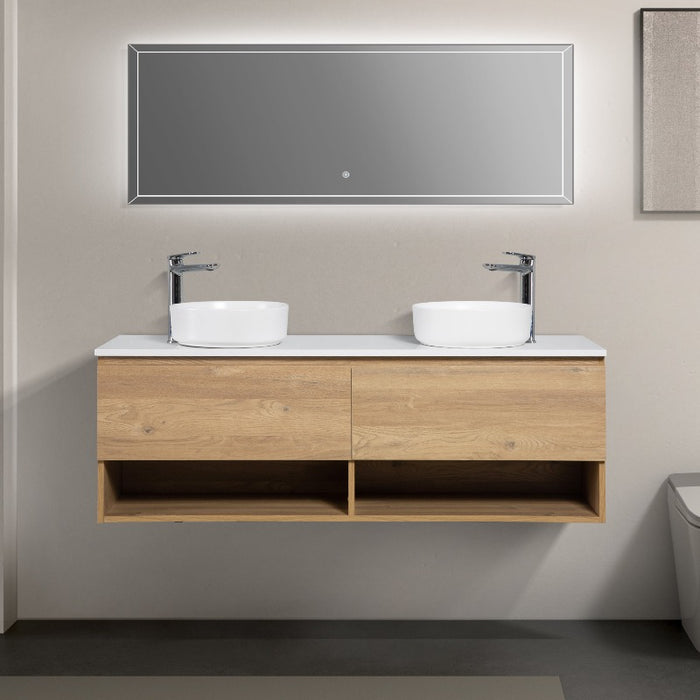 Nesta 1500 Natural Oak Double Wall Hung Vanity With Shelf - Acqua Bathrooms