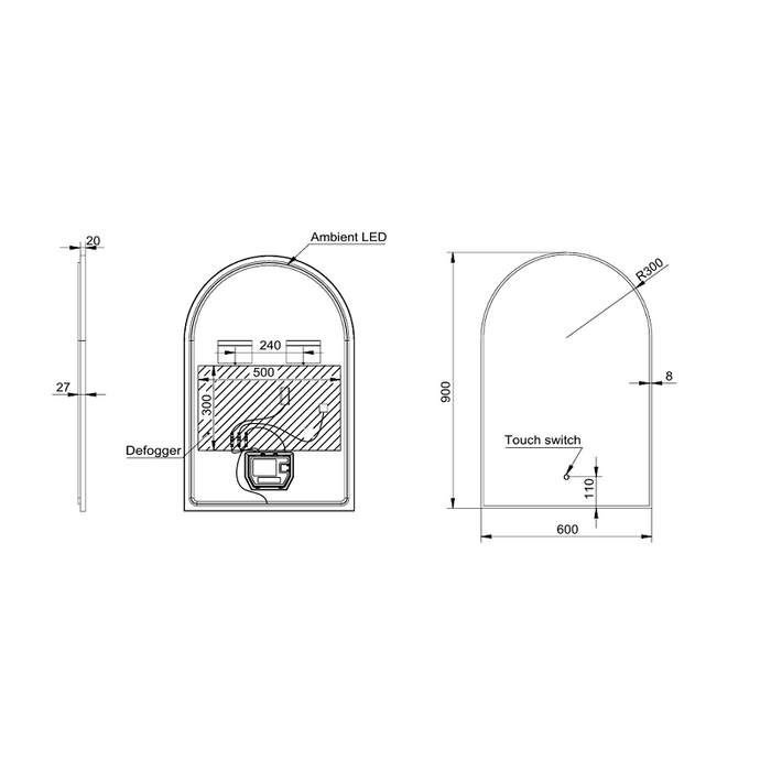 Arched 600 x 900mm Matte White LED Mirror - Three Light Temperatures