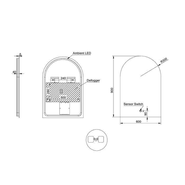 Arched 600 x 900mm Frameless LED Mirror - Touchless Motion Sensor