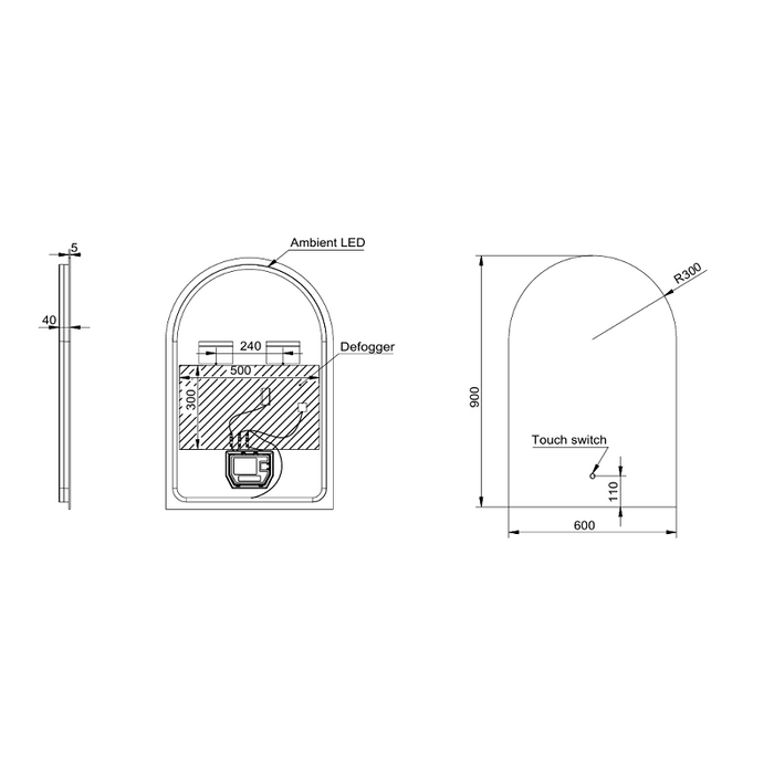 Arched 600 x 900mm Frameless LED Mirror - Three Light Temperatures