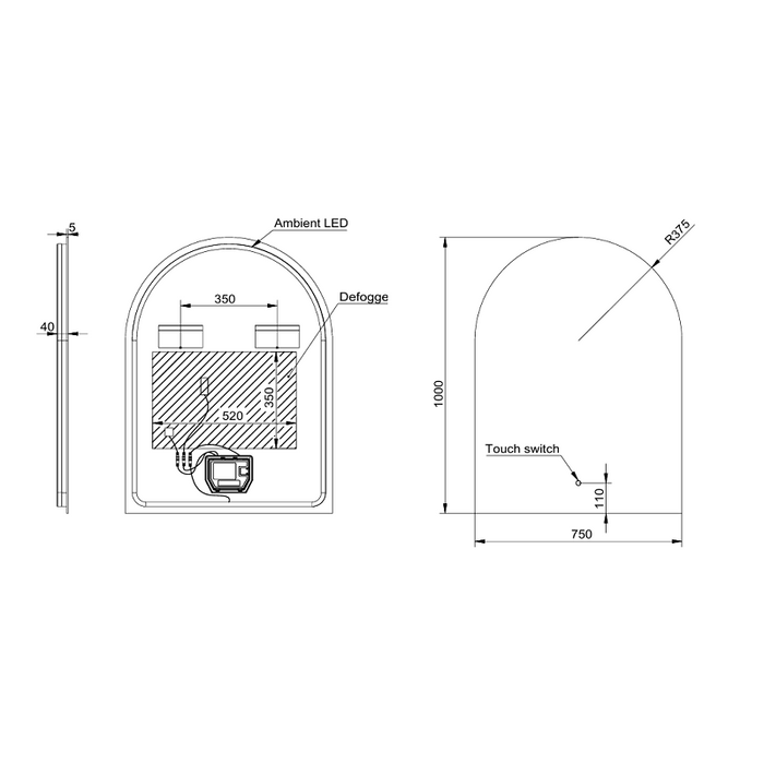 Arched 750 x 1000mm Frameless LED Mirror - Three Light Temperatures