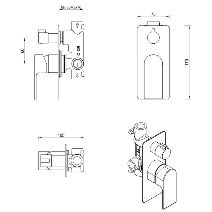 Beki Brushed Nickel Shower Mixer Diverter - 1P - Trim Kit Only