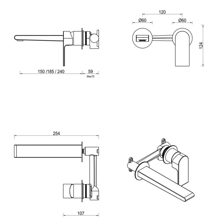 Beki Brushed Nickel Wall-Spout Combo - 2P - Trim Kit Only