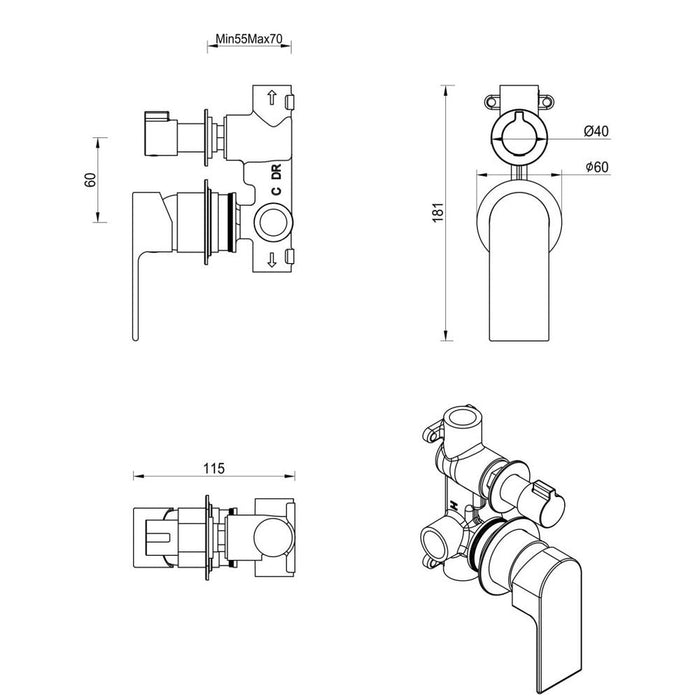 Beki Chrome Shower Mixer Diverter - 2P - Trim Kit Only