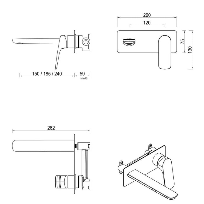 Kaza Matte Black Wall-Spout Combo - 1P - Trim Kit Only