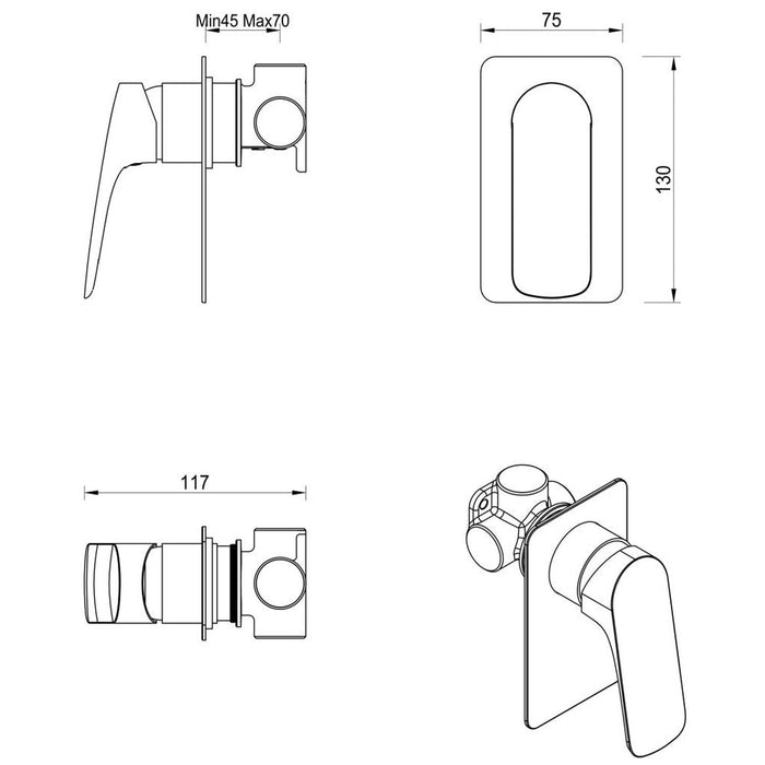 Kaza Brushed Nickel Shower Mixer - Square Plate - Trim Kit Only