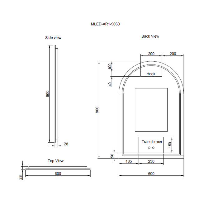 Arched Frameless 600 x 900mm Back Lit LED Mirror - Three Light Temperatures - Acqua Bathrooms