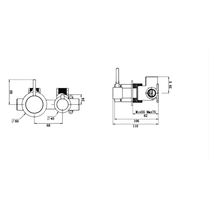 Mica Matte Black Shower Mixer Diverter - Sideways Reverse - Trim Kit Only