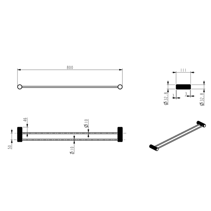 Mica Fluted Gun Metal Double Towel Rail - 800mm