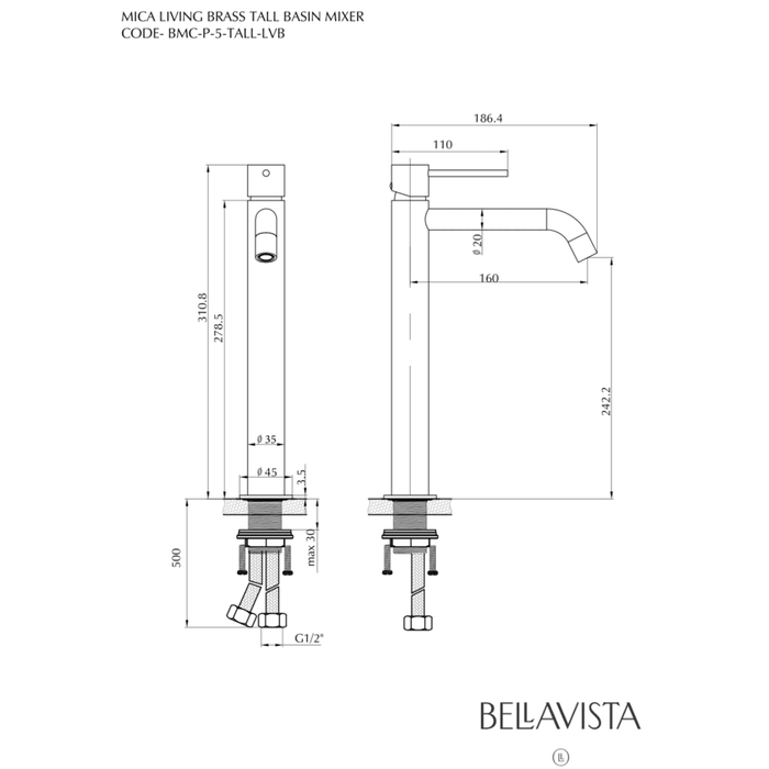 Mica LVB Living Brass Tall Basin Mixer - Curved Spout