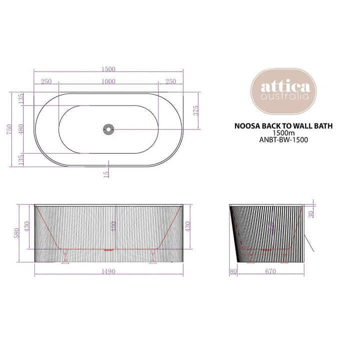 Attica | Noosa 1500  Back to Wall Designer Round Freestanding Bath - Acqua Bathrooms