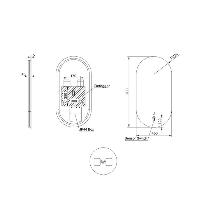 Oval 450 x 900mm  LED Mirror - Touchless Motion Sensor