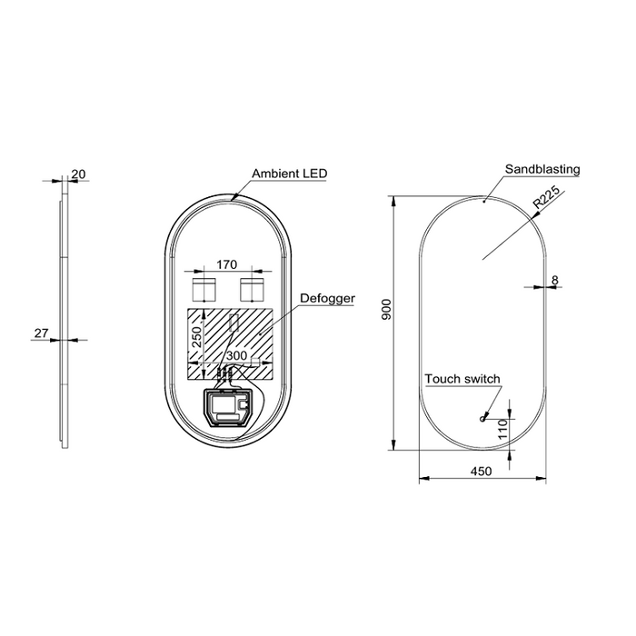 Oval 450 x 900mm Brushed Brass LED Mirror - Three Light Temperatures