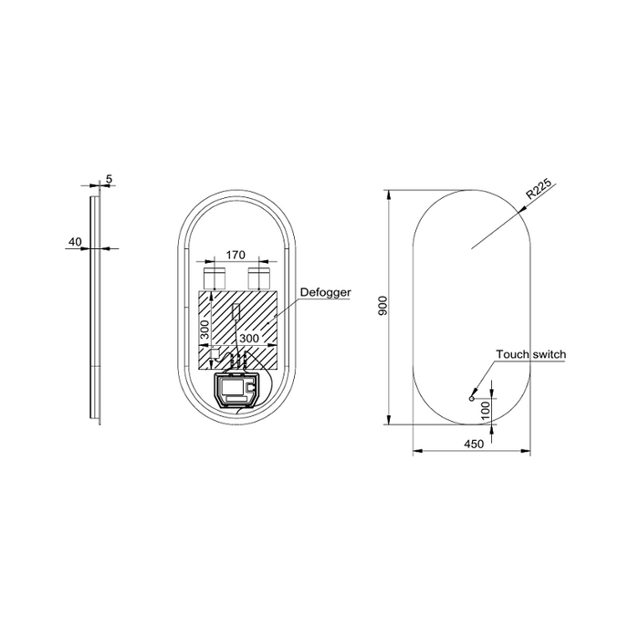 Oval 450 x 900mm Frameless LED Mirror - Three Light Temperatures