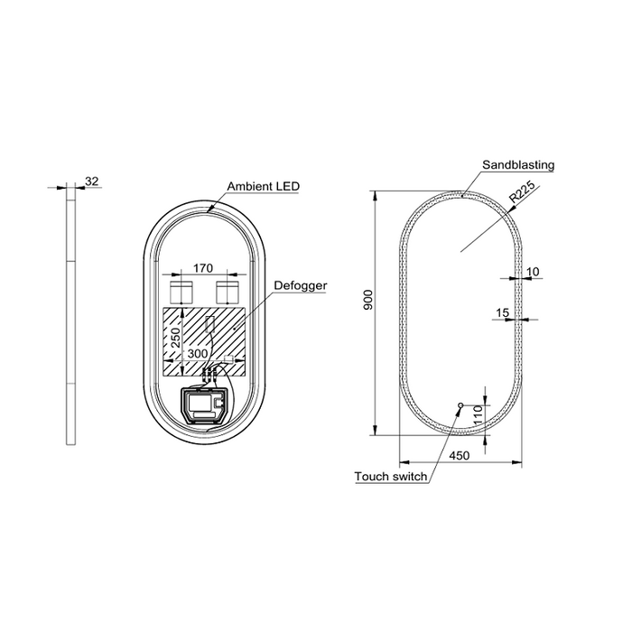 Oval 450 x 900mm Front Lit Brushed Brass LED Mirror - Three Light Temperatures