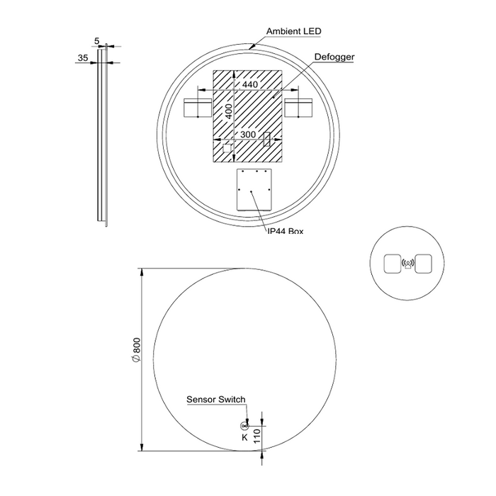 Round 800mm Frameless LED Mirror - Touchless Motion Sensor