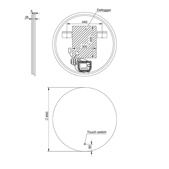 Round 800mm Frameless LED Mirror - Three Light Temperatures