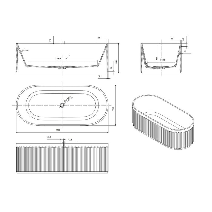 Kelsa 1700mm Stone Fluted Matte White Freestanding Bath Tub