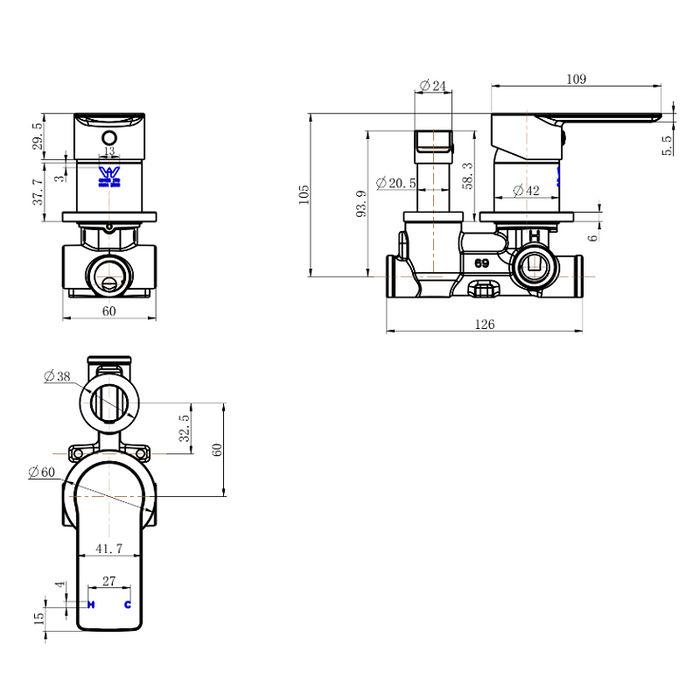 Nova Gun Metal Grey Wall Diverter