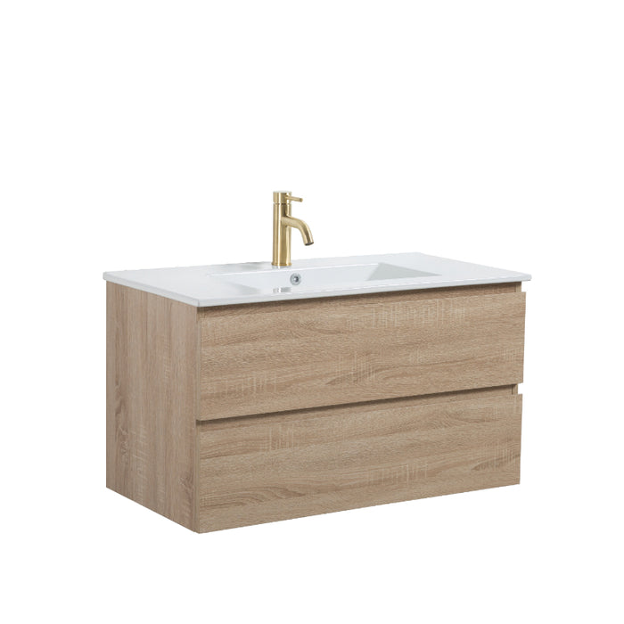 Avia 900mm White Oak Wall Hung Vanity With Ceramic Top | Indulge® - Acqua Bathrooms