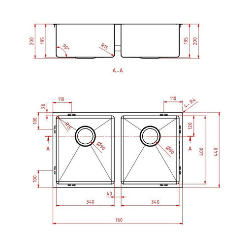 770 x 440 x 200 Brushed Gold Double Kitchen Sink - Acqua Bathrooms