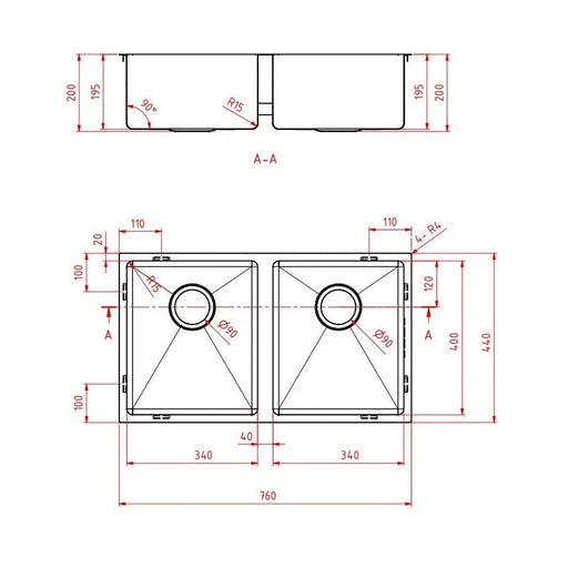 770 x 440 x 200 Copper Double Kitchen Sink - Acqua Bathrooms