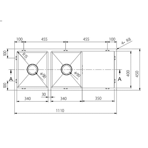 1110 x 450 x 200mm Kitchen Sink - Round Drain - Acqua Bathrooms