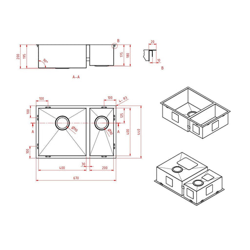 670 x 440 x 210 mm Kitchen Sink Double Bowl - Acqua Bathrooms