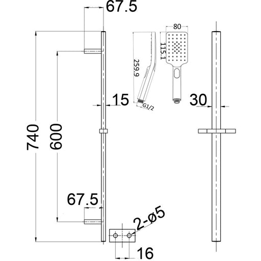 Messina Square Shower Rail - Acqua Bathrooms