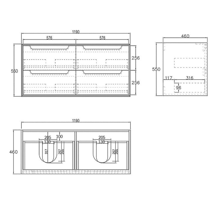 Otti Australia | Byron 1200 Matte Black Oak Double Wall Hung Vanity / Ceramic Top - Acqua Bathrooms