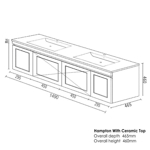 Otti Australia | Hampton 1500 Matte White Wall Hung Vanity / Ceramic Top - Acqua Bathrooms