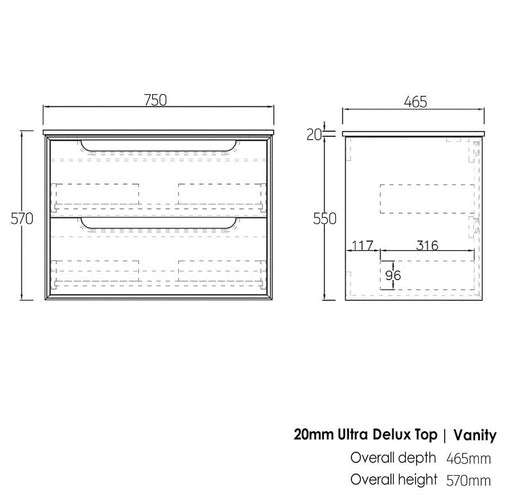 Byron 750 Matte Black Oak Wall Hung Vanity / Stone Top - Acqua Bathrooms