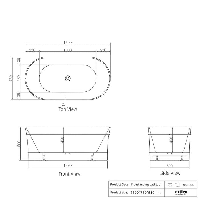 Attica | Bondi 1500 Designer Round Freestanding Bath - Acqua Bathrooms