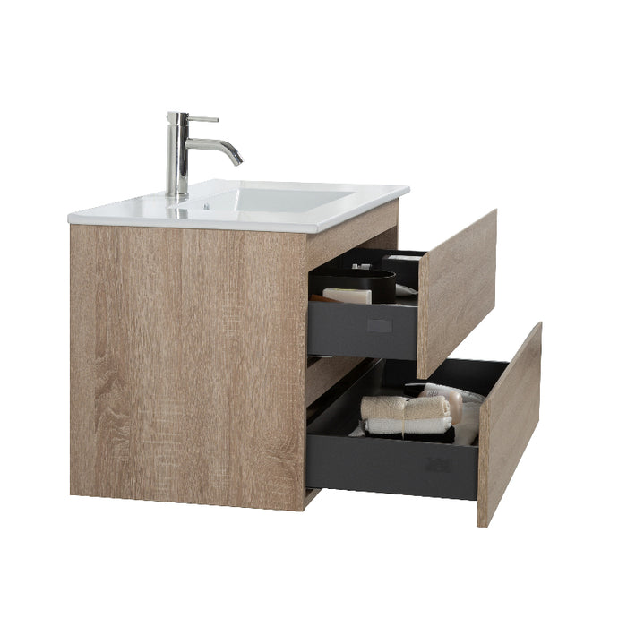 Avia 900mm White Oak Wall Hung Vanity With Ceramic Top | Indulge® - Acqua Bathrooms